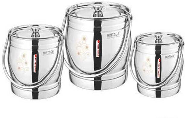 Mintage Steel Utility Container - 4 L, 7 L, 9.5 L Pack of 3, Silver