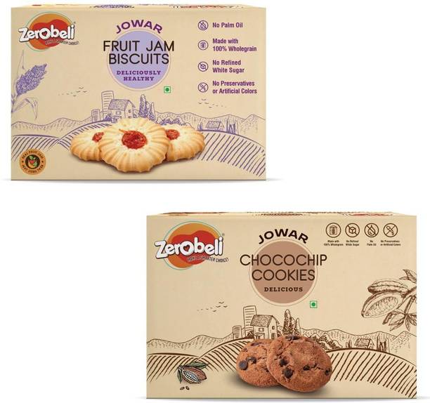 Zerobeli Jowar Choco Chip Cookies (250g) & Fruit Jam Biscuits (400g) Combo | No Maida Multi Grain Biscuit