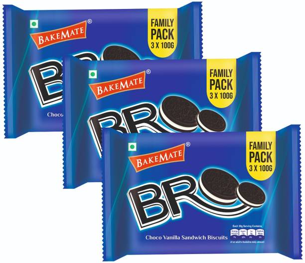 BAKEMATE BRO Choco Vanilla Sandwich Biscuits Family Combo Pack of 3|Vanilla Cream Biscuit Cream Sandwich Biscuit