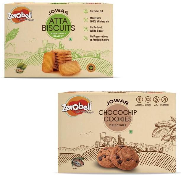 Zerobeli Combo of Jowar Atta Biscuits Elaichi Flavour (375g) & ChocoChip Cookies (250g) Multi Grain Biscuit