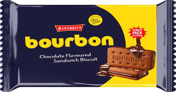 BAKEMATE Bourbon Chocolate Flavored Cream Filled Biscuits Family Pack (5 X 100G) Cream Sandwich Biscuit