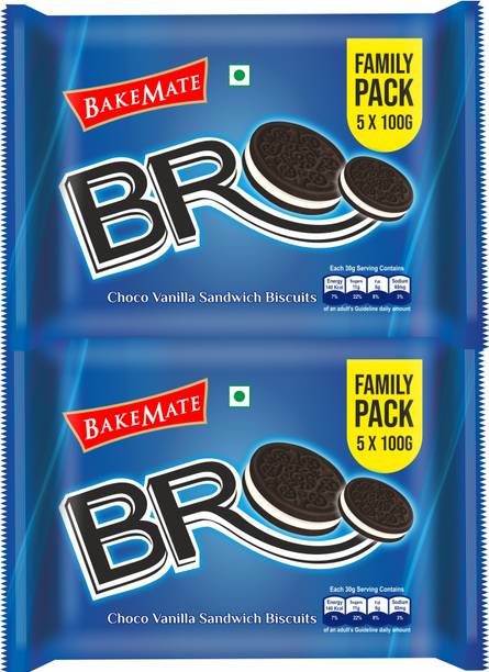 BAKEMATE Bro Choco Vanilla Sandwich Biscuits Family Pack of 2|Biscuits ComboPack Cream Sandwich Biscuit