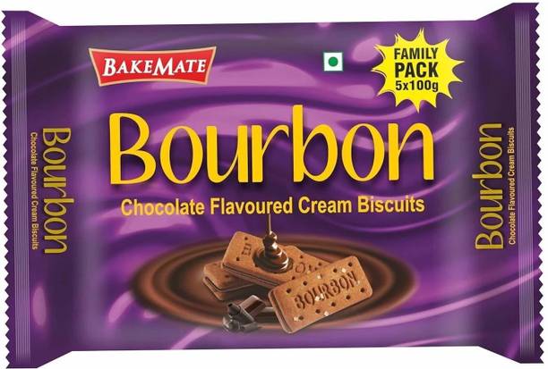 BAKEMATE Bourbon Chocolate Flavored Cream Filled Biscuits Family Pack (5 X 100G) Cream Sandwich Biscuit