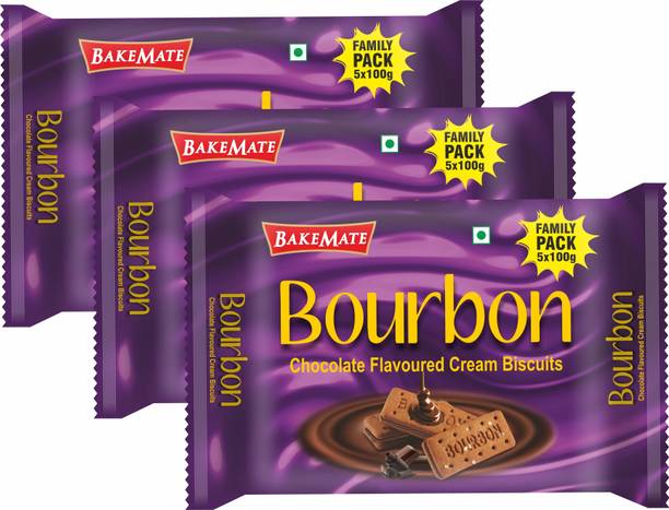 BAKEMATE Bourbon Cream Biscuits with Chocolate| Biscuits Family Pack Cream Sandwich Biscuit