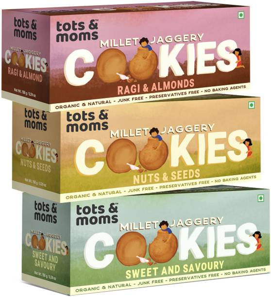 TOTS AND MOMS Healthy & Nutritional Millet & Jaggery Cookies pack of 3| Ragi & Almonds | Nuts & Seeds| Sweet & Savory|150 gm each Multi Grain Biscuit