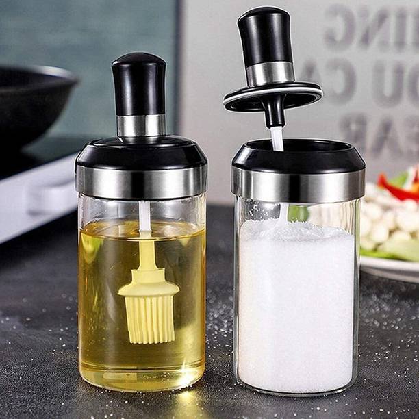 Asago Borosilicate Glass Jar with Brush for, ,Oil for Kitchen 2 Piece Set (Glass) glass Round Pastry Brush