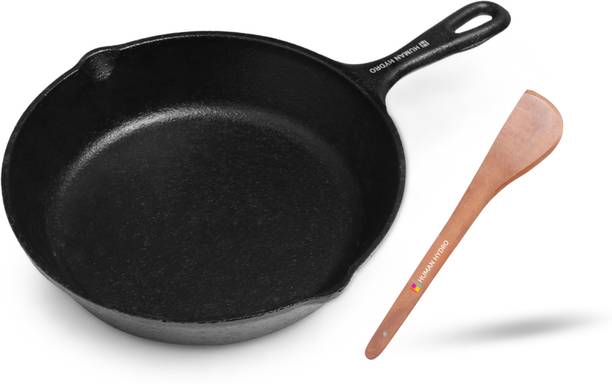 Human Hydro Pre-Seasoned Cast Iron Fry Pan 8 Inch with Wooden Spatula, Nonstick & Non-Toxic Induction Bottom Cookware Set