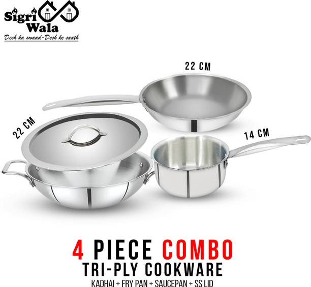 Sigri-wala TRIPLY 4 PCS COMBO SET KADAI 22cm,FRY PAN 22cm,SAUCE PAN 14cm,LID 22cm Induction Bottom Cookware Set