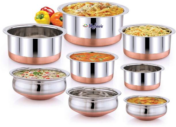 MAHAVIR Copper Bottom Tope Set Stainless Steel - 8 Pcs Cookware Set