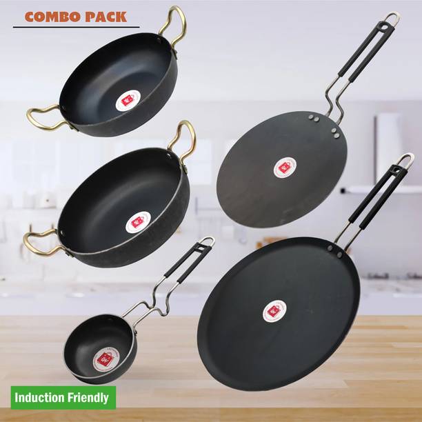 LAZYwindow Traditional Iron Deep Bottom Kadhai, Tawa And Tadka Pan with Grip type Handle Induction Bottom Cookware Set