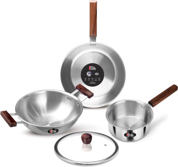 MILTON Procook Triply Stainless Steel 4pc with Wood Handle Saucepan Frypan Kadhai & lid Induction Bottom Cookware Set