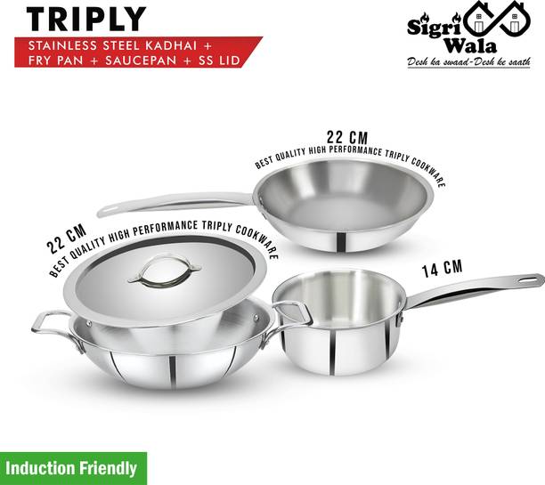 Sigri-wala Cook Healthy Triply 4pcs Combo Kadai 22cm,Fry Pan 22cm,Sauce Pan 14cm,LID 22cm Induction Bottom Cookware Set