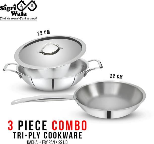 Sigri-wala TRIPLY 3 PCS COMBO SET KADAI 22cm,FRY PAN 22cm,LID 22cm Induction Bottom Cookware Set