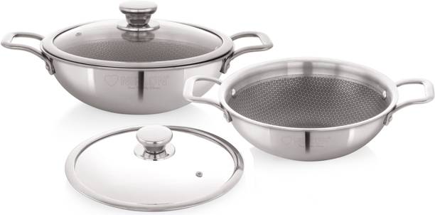NIRLON Honeycomb Triply Stainless Steel Cookware Kadhai Set of 4|22cm-2L|26cm-3.1L इंडक्शन बॉटम कुकवेयर सेट