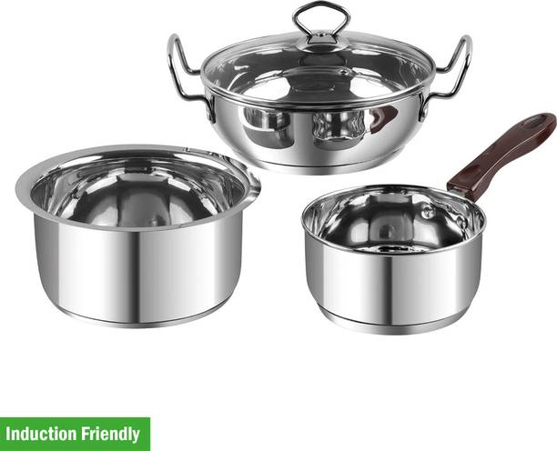 VINOD Stainless Steel Induction Friendly 3 Pcs Induction Bottom Non-Stick Coated Cookware Set