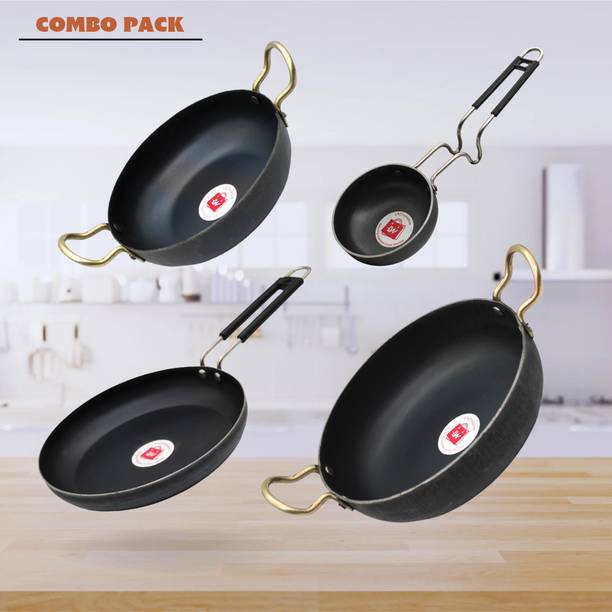 LAZYwindow Traditional Iron Deep Bottom Kadhai, Fry Pan And Tadka Pan with Grip type Handle Induction Bottom Cookware Set