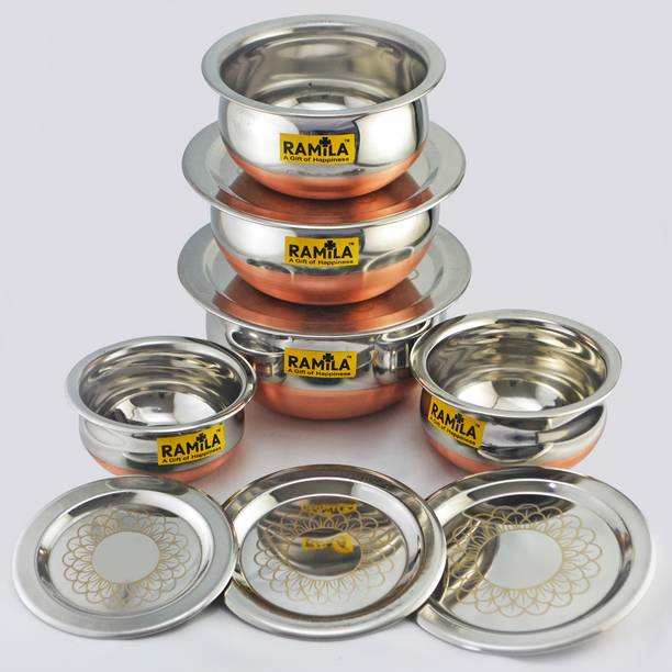 RAMILA Stainless Steel Handi with lid Copper Bottom Finish Induction Bottom Cookware Set