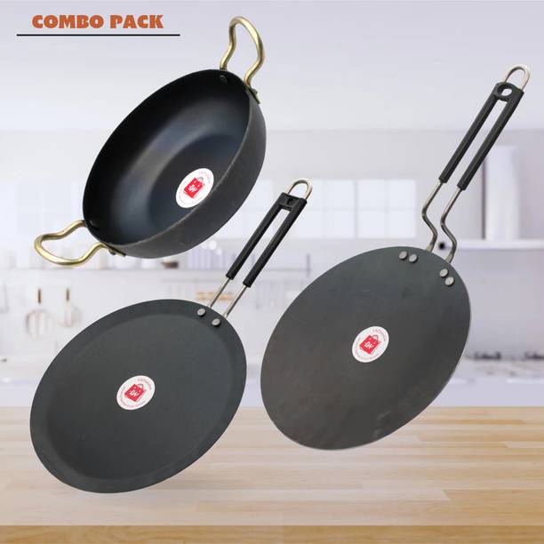 LAZYwindow Traditional Iron Deep Bottom Kadhai & Tawa (Base Black) Induction Bottom Cookware Set