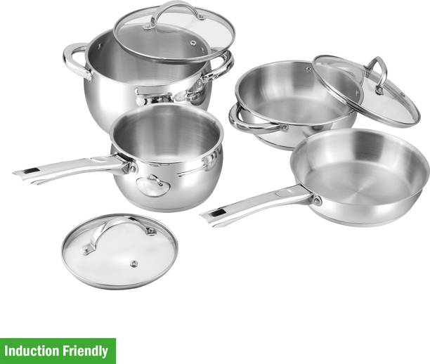 VINOD Letten Stainless Steel 4 Pc Cookware Set Frypan, Kadai, Saucepan, Saucepot Induction Bottom Non-Stick Coated Cookware Set