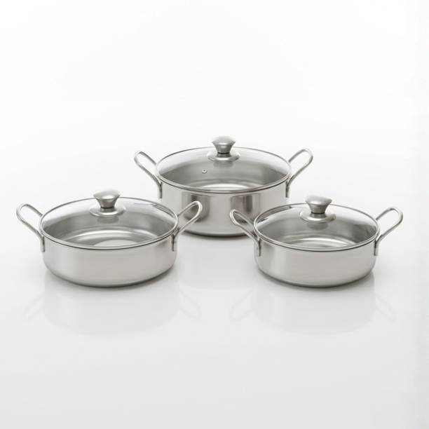 VINOD Stainless Steel Elite Serving Bowls with Glass Lid Handle - 3 pcs Set Cookware Set