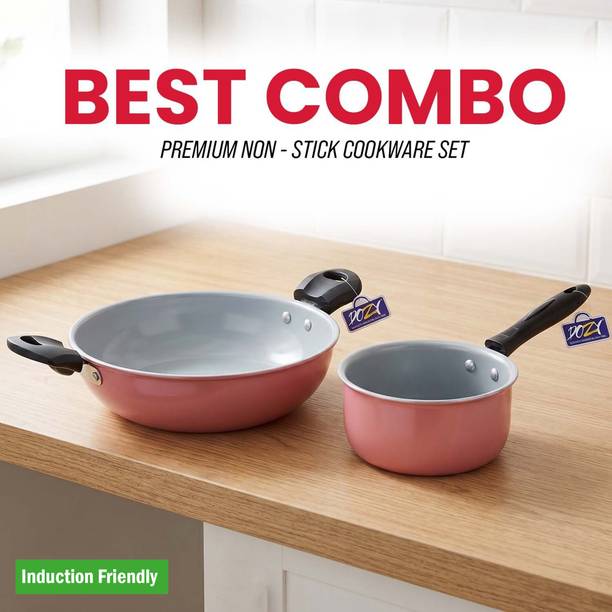 Dozy Premium Non-Stick 2-Piece Cookware Set: Karahi and Saucepan with Cool Handles Induction Bottom Non-Stick Coated Cookware Set