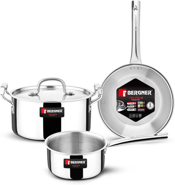 BERGNER Tripro Triply Cookware Set of 4 Pcs, Sturdy Stay Cool Handle, Healthy Cooking, Induction Bottom Cookware Set