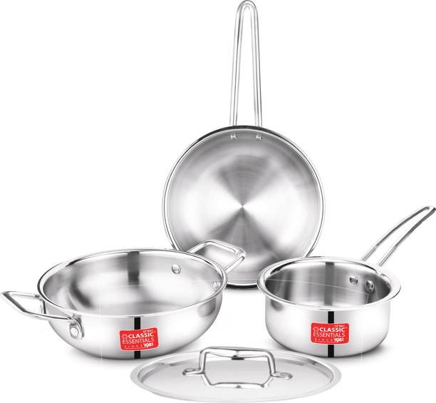 Classic Essentials Triply Kadhai with Lid 22cm, Saucepan 16cm, Frypan 22cm Combo इंडक्शन बॉटम कुकवेयर सेट