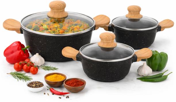 SWIFT 6 Pcs Non-Stick Casserole Set with Glass Lids | Wooden Handles | Induction & Gas Induction Bottom Non-Stick Coated Cookware Set