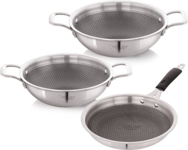 NIRLON Prima Honeycomb Triply Cookware Set|Fry Pan 24cm/Kadai 22cm-2Ltr & 24cm-2.6Ltr Induction Bottom Non-Stick Coated Cookware Set