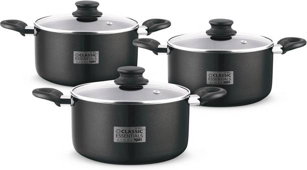 Classic Essentials 3 PC Biryani Handi with Glass Lid, casserole Set, Induction Bottom Non-Stick Coated Cookware Set