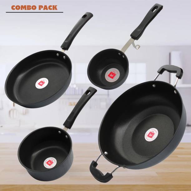 LAZYwindow Nonstick Tadka/Sauce/Fry Pan & Kadhai Combo (Black And Base Grey) Induction Bottom Non-Stick Coated Cookware Set