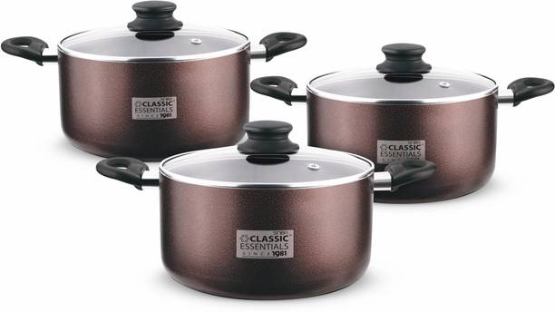 Classic Essentials 3 PC Biryani Handi with Glass Lid, casserole Set, Induction Bottom Non-Stick Coated Cookware Set
