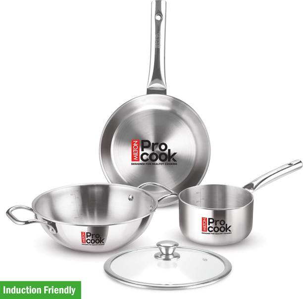 MILTON Procook Cookware Saucepan, Frypan, Kadai with Glass Lid Induction Bottom Cookware Set