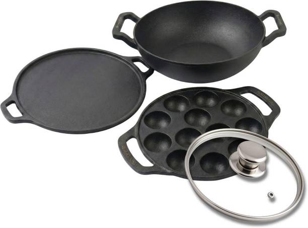 Human Hydro IronCure 12-Pit Paniyaram Pan with Glass Lid, 30CM Dosa Tawa & 23CM Kadai Induction Bottom Cookware Set