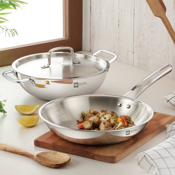 BERGNER BE Bergner Essentials Triply 22cm (2.5 L) Kadai & 22cm (1 L) Frypan - Induction Bottom Cookware Set