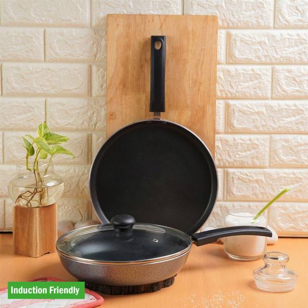 Kreme DELUXE 3mm NonStick Induction Bottom Fry Pan 240 + 250 Tawa Set of 2 pcs Induction Bottom Non-Stick Coated Cookware Set