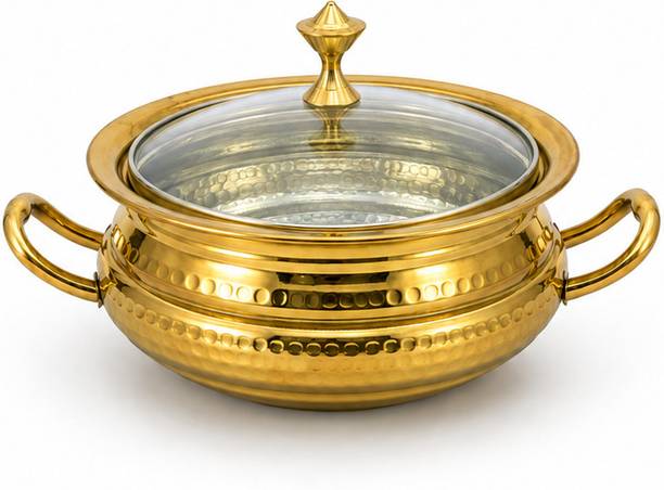 m.h.a international Small Brass Majestic Serving Handi with Glass Lid. Induction Bottom Non-Stick Coated Cookware Set