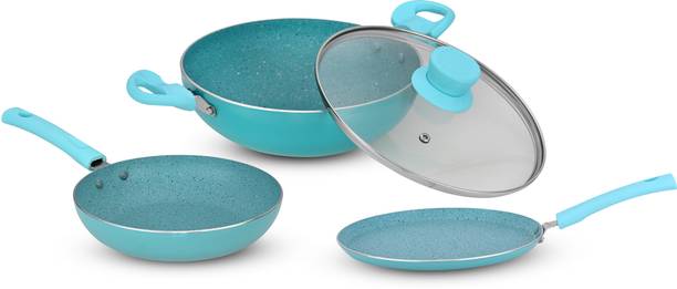 NAVRANG NONSTICK COMBO SET AQUA BLUE SPATTER DOSA TAWA 260+KADAI 240+FRYPAN240+GLASS LID Non-Stick Coated Cookware Set