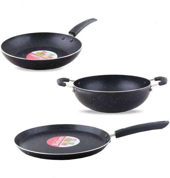 NAVRANG NONSTICK SPATTER COMBO SET TAWA275+KADAI230+FRY PAN 220, BLACK & WHITE, NON IB Non-Stick Coated Cookware Set