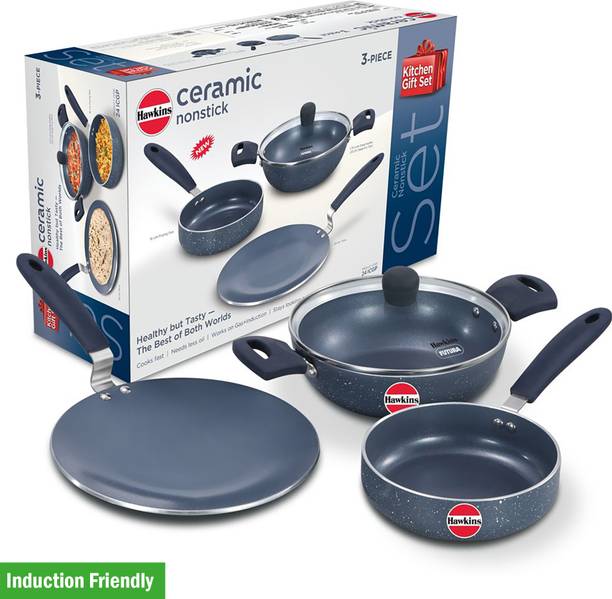 Hawkins Ceramic Nonstick 3-Piece Kitchen Gift Set - Kadhai, Frying Pan and Tava (24ICGP) Induction Bottom Non-Stick Coated Cookware Set Aluminium, 3 -
