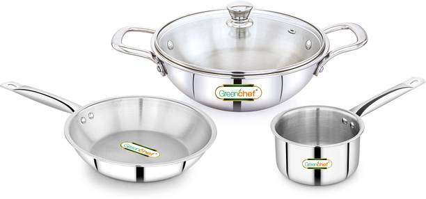 Greenchef Crest Triply Cookware combo(Kadhai glass lid 22CM, Sauce pan 14CM, Fry pan 22CM) Induction Bottom Cookware Set