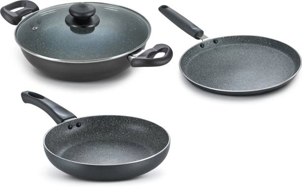 Prestige Omega Deluxe Granite Alpha 3Pcs BYK-Kadai 24cm Glass Lid+Tawa 28cm+Fry Pan 24cm Induction Bottom Non-Stick Coated Cookware Set