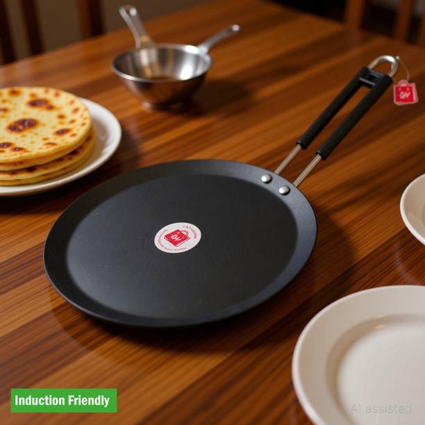 LAZYwindow Traditional Induction Base Flat Iron Tawa with Insulated Handle + Surprise Gift Induction Bottom Cookware Set