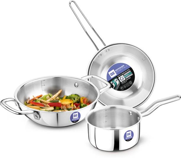 BERGNER BE Essentials Tripro Triply 3 Pcs of Kadai 24cm/3 L, Teapan 14cm, Frypan 22cm इंडक्शन बॉटम कुकवेयर सेट
