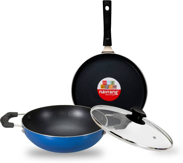 NAVRANG NAVRANG NONSTICK 3PC SET DOSA TAWA 240MM + KADAI 200MM+GLASS LID, NON IB, BLUE Non-Stick Coated Cookware Set
