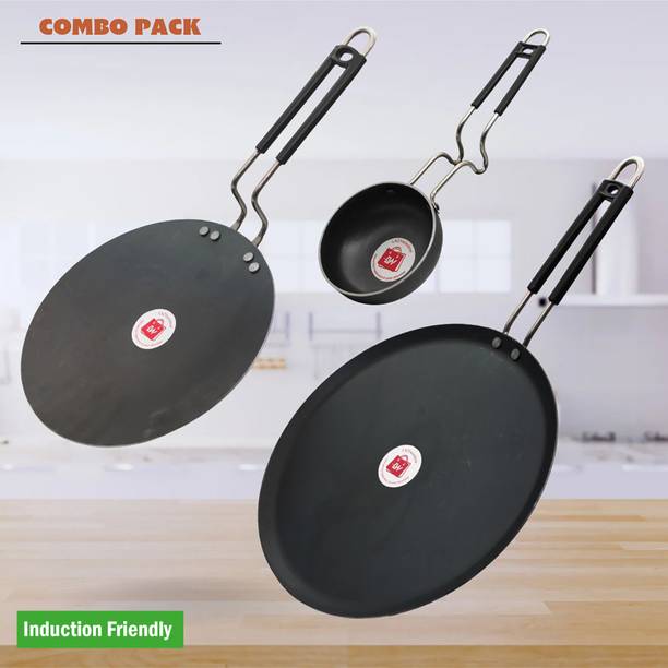 LAZYwindow Traditional Iron Tawa And Tadka Pan with Grip type Handle Induction Bottom Cookware Set