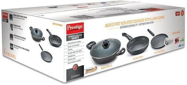 Prestige Deluxe Granite 3 Pcs with 1 Glass Lid Kitchen Set Induction Bottom Non-Stick Coated Cookware Set