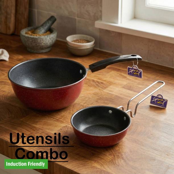Dozy Non-Stick Aluminum Tadka Pan and Wok Combo Set (20cm & 11cm) Induction Bottom Non-Stick Coated Cookware Set