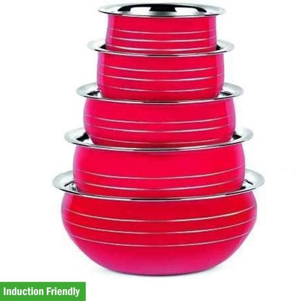 Nirvika Stainless Steel Powder Coating Red Patila set of 5 Piece Induction Bottom Non-Stick Coated Cookware Set