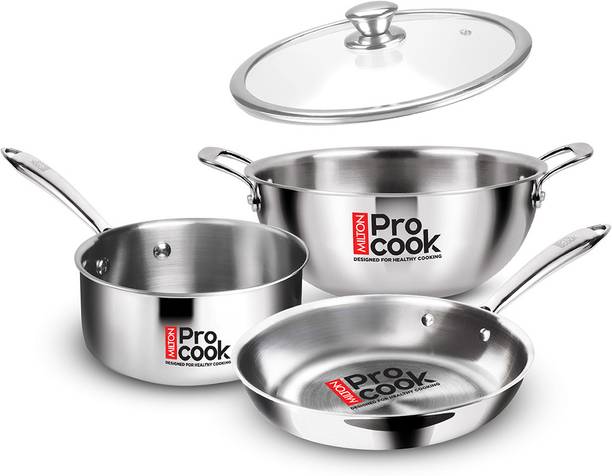 MILTON Pro Cook Triply SS 4Pcs Cookware Set - Kadai 22cm, Frypan 22cm, Saucepan 14cm Induction Bottom Cookware Set